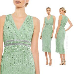 Mac Duggal Size 12 Light Sage Mint Pastel Green Sequined V-Neck Midi Tea Dress